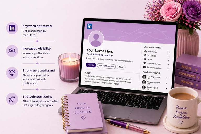 LinkedIn profile optimization setup with laptop displaying sample profile, notebook, coffee, candle, and motivational items on pink workspace