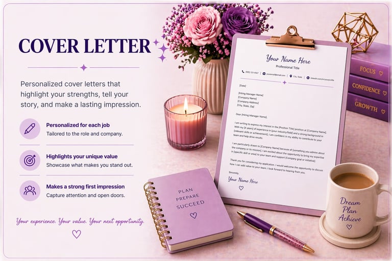 Cover letter template with personalized job application document displayed on clipboard surrounded by purple flowers, candle, notebook, and coffee mug on pink desk