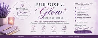Purpose & Glow career solutions website header with lavender flowers, candle, and service icons for professional development
