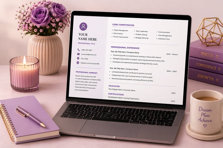 Laptop displaying a purple resume template on a desk with purple flowers, candle, notebook, and motivational mug