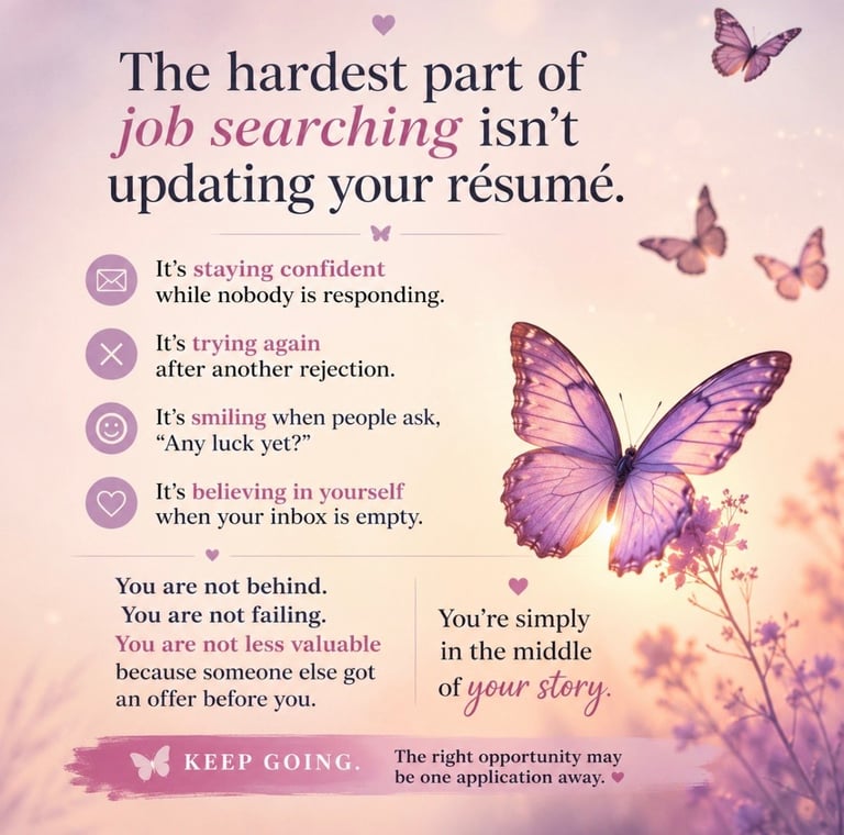 Inspirational job search motivation poster with purple butterflies and motivational text about perseverance during unemployment