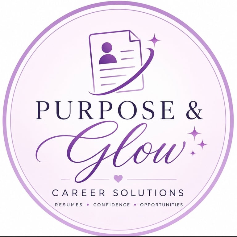 Purpose and Glow Career Solutions logo with resume icon, purple circular border, and tagline about resumes, confidence, and opportunities